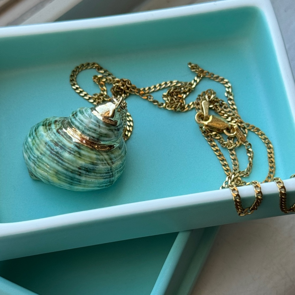 925 Stamped Shell Pendant 22” Necklace with gold accents